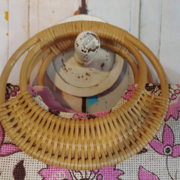 *no tag VINTAGE style purse handbag w burlap texture rattan handle pink & cream - Picture 4 of 16